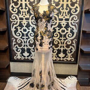 Colors Dress gold black nude ombre lace applique gown